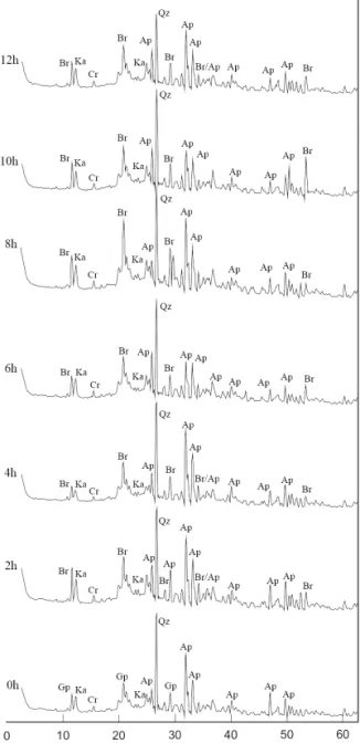 FIGURA 5 – Difratogramas de raios X dos compos- compos-tos Humifert estudados. Picos indicativos do mineral  brushita (equivalente a fase inorgânica) nos  compos-tos  de  0  h  até  12  h  (Gp:  gipsita;  Ka:  caulinita;  Cr: 