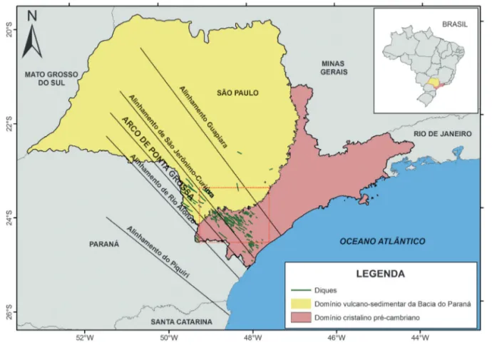 FIGURA 1 – Localização dos diques nos domínios cristalino pré-cambriano e da Bacia do Paraná no Estado de  São Paulo (Modificado de CPRM 2001)