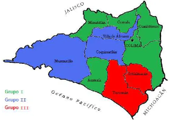 Figura 2. Distribución geográfica de los grupos de ovejas Pelibuey en el estado de Colima de acuerdo con el  análisis de componentes principales y de conglomerados jerárquicos (Geographical distribution of Pelibuey 