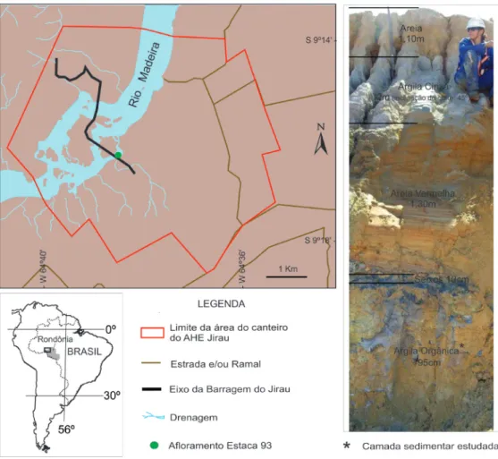 FIGURA 1 – Localização geográfica do canteiro de obras do AHE Jirau e do afloramento Estaca 93