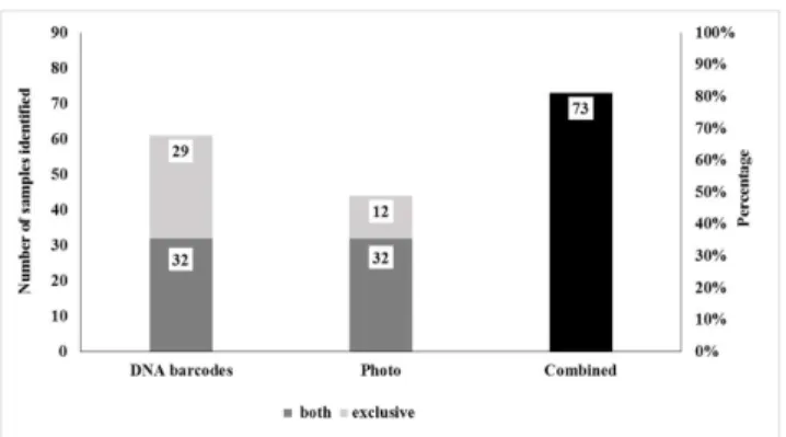 Fig 3. Number of samples and percentage of samples identified using DNA barcoding, photo identification and combined methods, respectively.