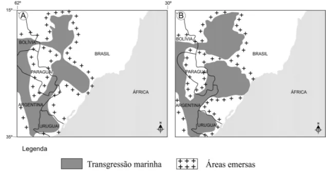 FIGURA 8 – Reconstruções paleogeográficas da Bacia do Paraná para o Emsiano, baseadas em A) braquiópodes  e trilobitas (MELO 1988) e B) acritarcos (OLIVEIRA 1997).
