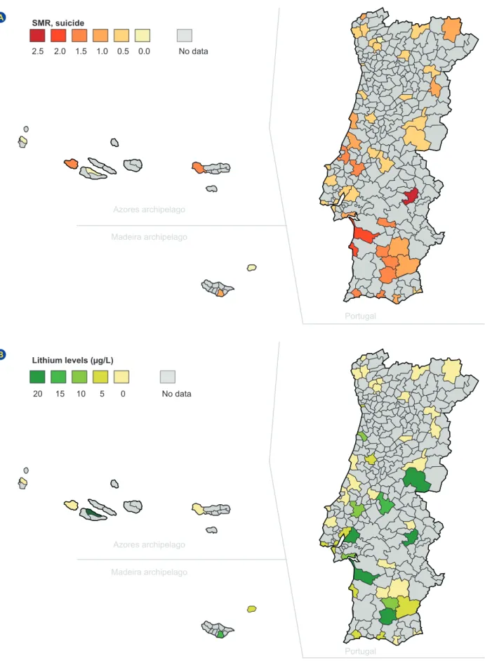 Figure 1 – Spatial distribution of: (A) standardized mortality ratio (SMR) for suicide: (B) lithium levels in public drinking waterSMR, suicideLithium levels (µg/L)2.5201.5100.502.0151.050.0No dataNo dataABAzores archipelagoAzores archipelagoMadeira archip