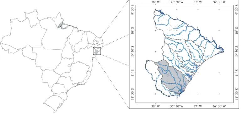 Figura 1.  Localização  da bacia hidrográfica  do Rio  Piauí no Estado  de Sergipe