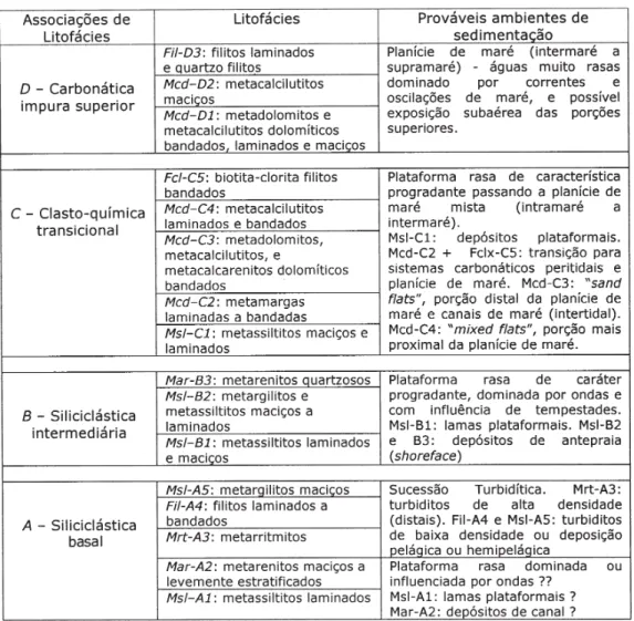 TABELA 1 - Associações de litofácies e prováveis ambientes de sedimentação.