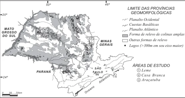 FIGURA 1 - Principais lagos do Estado de São Paulo (modificado de MOTTA et al. 1986) e limites das províncias geomorfológicas (PONÇANO et al