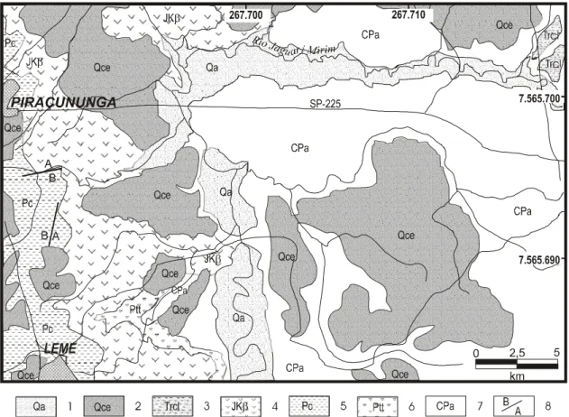 FIGURA 2 - Mapa geológico da Área 1, região de Leme/SP (MELO 1995). 1. Depósitos aluvionares; 2