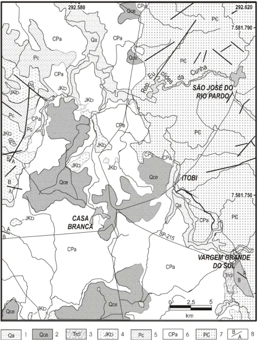 FIGURA 3 - Mapa geológico da Área 2, região de Casa Branca/SP (MELO 1995). 1. Depósitos aluvionares; 2.