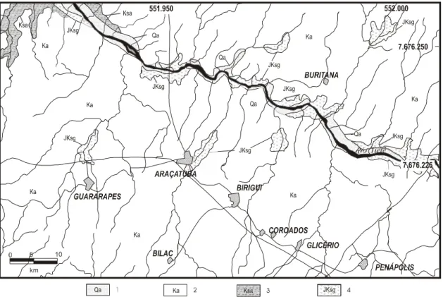 FIGURA 4 - Mapa geológico da Área 3, região de Araçatuba/SP (IPT 1981). 1. Depósitos aluvionares; 2