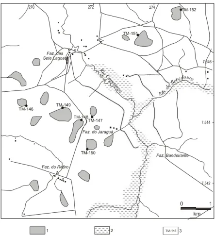 FIGURA 5 - Planta topográfica da Área 1, região de Leme/SP, ilustrando as lagoas onde se prospectou terras diatomáceas.