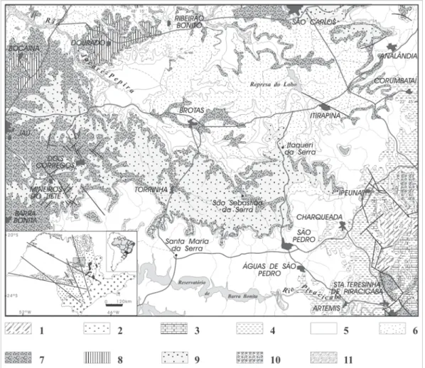 FIGURA 1 - Mapa geológico da área estudada (UNESP- Rio Claro 1982). 1. Subgrupo Itararé; 2