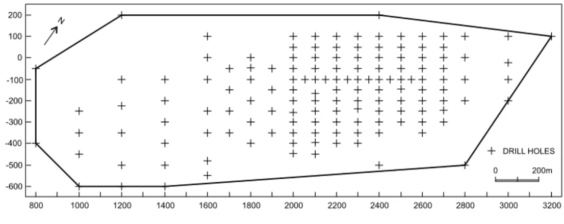 FIGURE 7 - Location map of drill holes from Chapada Copper Deposit and boundaries of mineralization.