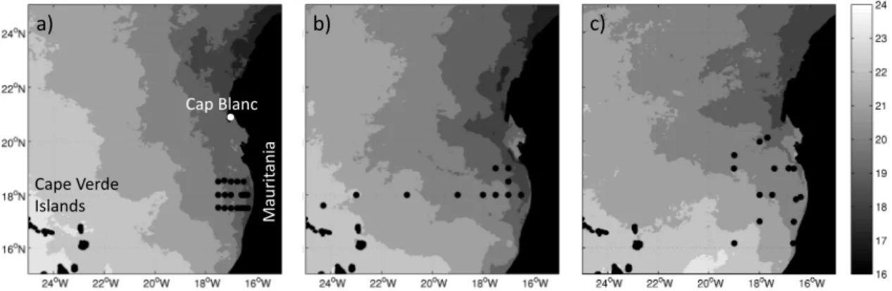 Fig. 1. Map with locations of the sampled stations during P347 in January 2007 (a), P348 in February 2007 (b) and ATA3 in February 2008 (c)