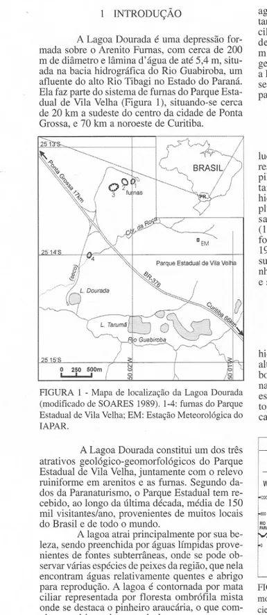 FIGURA 1 - Mapa de localização da Lagoa Dourada (modificado de SOARES 1989). 1-4: fumas do Parque Estadual de Vila Velha; EM: Estação Meteorológica do lAPAR.