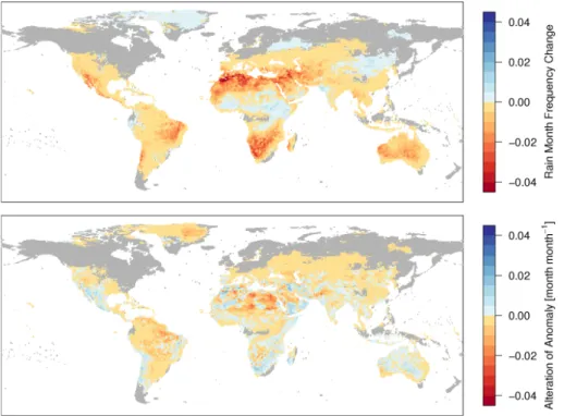 Fig. 6. Multi-model mean of mean annual change in rain month frequency in month/month per 1 K of global mean temperature increase