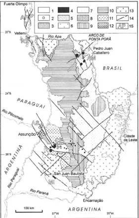 FIGURA 1 - Mapa geológico do Paraguai Oriental (distribuição das unidades baseada em THE  ANS-CHUTZ CORPORATION, 1987): 1