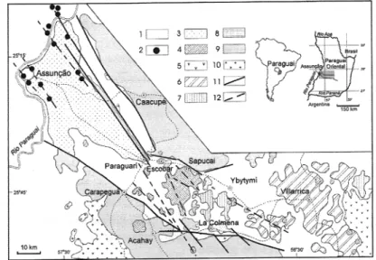 FIGURA 4 - Mapa geológico do Rift de Assunção (segundo VELÁZQUEZ et aI., 1998): I. Coberturas sedimentares quatemárias; 2