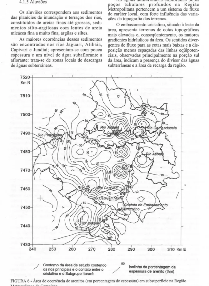 FIGURA 6 - Área de ocorrência de arenitos (em porcentagem de espessura) em subsuperficie na Região Metropolitana de Campinas.