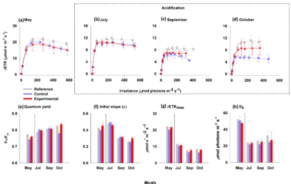 Figure 4. Photosynthetic rapid light curves (RLCs, a–d), dark-adapted quantum yield (e), and the derived RLC parameters (f–h) measured on 2nd rank leaves in enclosures and reference plot before (May) and during (July, September, and October) the acidificat