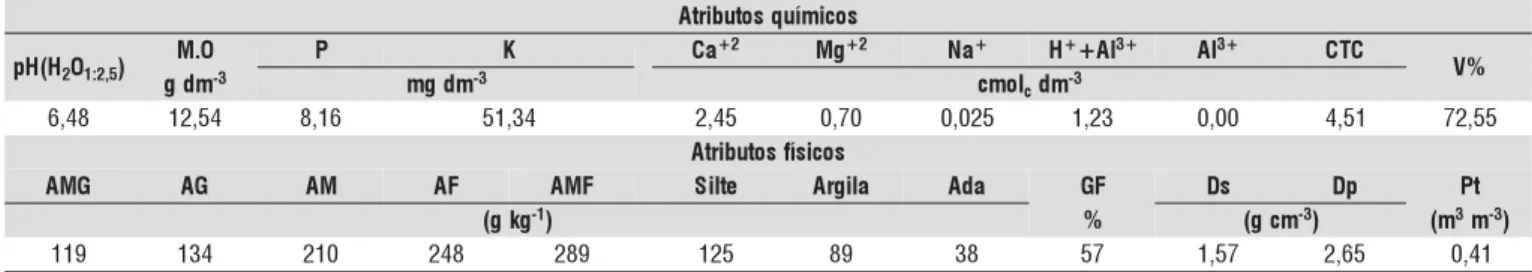 Tabela 1. Valores de alguns atributos físicos e químicos* do solo (profundidade de 0 – 40 cm) antes da instalação dos tratamentos