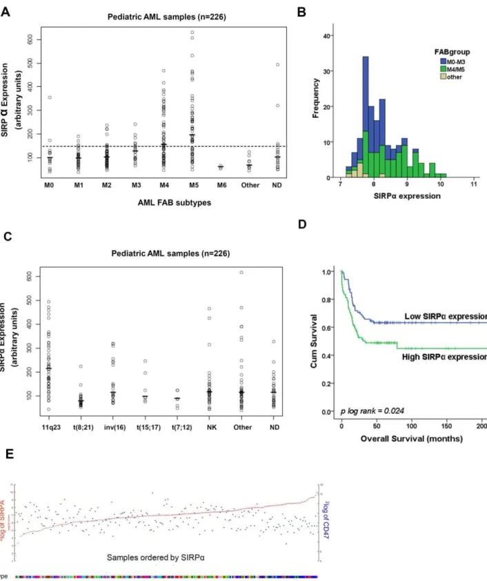 Figure 1. SIRP a mRNA expression and its prognostic effect in pediatric AML cohort. (A) SIRPa mRNA expression was determined in different FAB subtypes