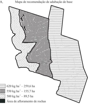 Figura 4. Mapa de recomendação de adubação de base (A) e complementar (B), para uma área de 504,8 ha com cultivo de cana-de-açúcar, no município de Pereira Barreto, SP