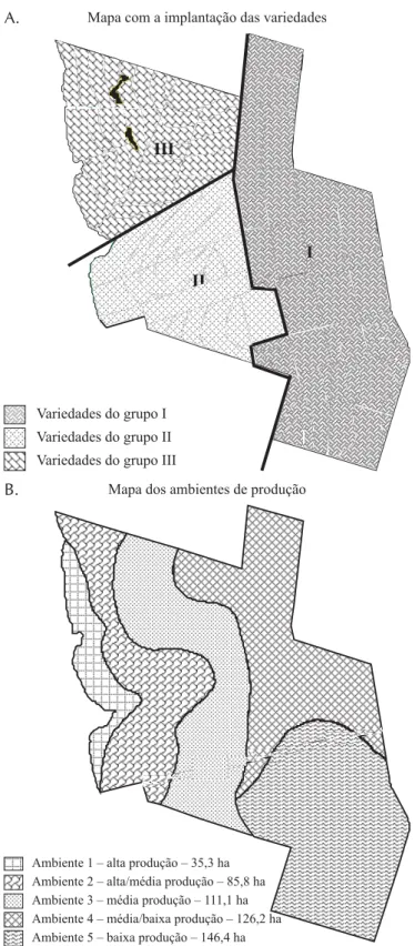 Figura 5. Mapas para a implantação das variedades (A) e ambientes de produção (B) em uma área de 504,8 ha para o cultivo com cana-de-açúcar, no município de Pereira Barreto, SP