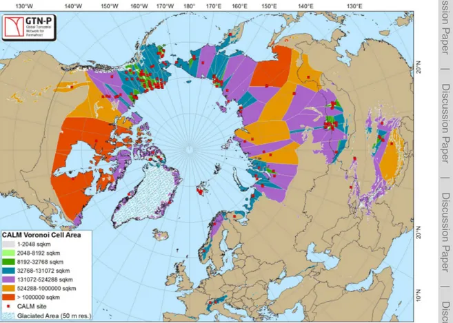 Figure 6. Voronoi Tessellation Analysis on the distribution of active layer monitoring sites (CALM) in the Northern Hemisphere.