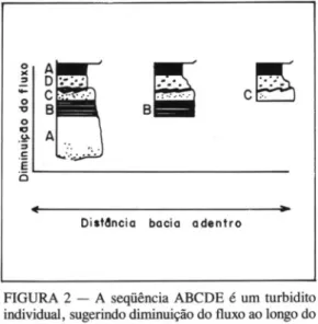 FIGURA 2 - A seqüência ABCDE é um turbidito individual, sugerindo dirrúnuiçãodo fluxo ao longo do sítio deposicional