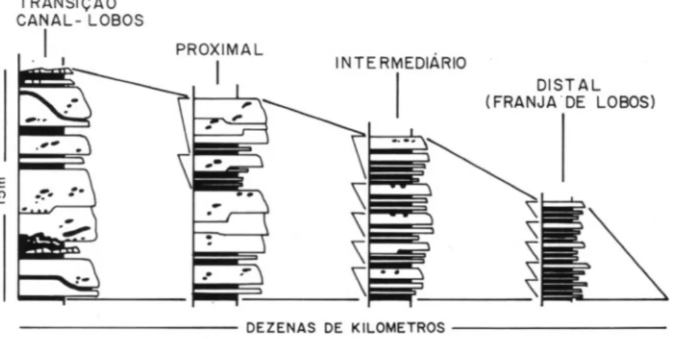 FIGURA 5 - Principais mudanças de fácies, corrente abaixo, em lobos arenosos. Esquema baseado em ob- ob-servações no complexo turbidítico do Grupo Hecho, Pirineus (MUTTI &amp; NORMARK, 1987).