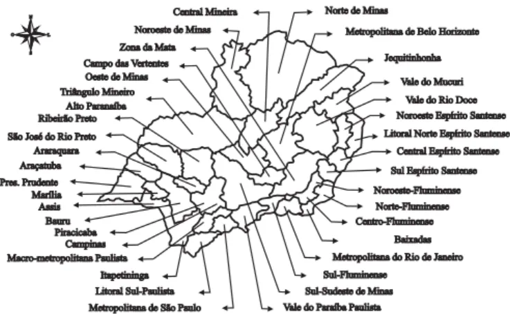 Figura 1. Distribuição das mesorregiões dos estados da região sudeste do Brasil, adaptadas do IBGE (2006)