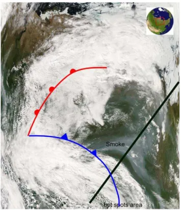 Fig. 7. Vertical profiles of CO (red line), CO 2 (black line), O 3 (blue line) and EBC (black squares) shortly after take off from  Chokur-dakh