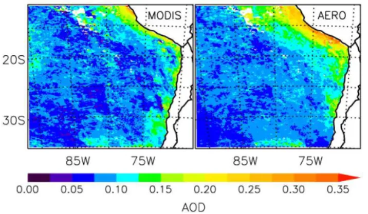 Fig. 6. AOD from MODIS (Aqua) measurements (left panel) and from the AERO simulation (right panel) during the VOCALS-REx period