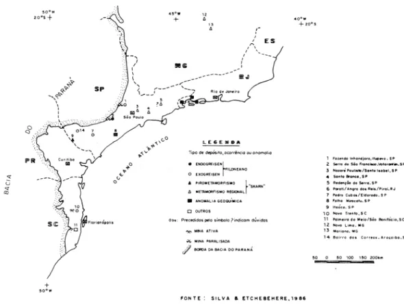 FIGURA 10 - Mapa de localização de indícios e minas de tugstênio e estanho na Região Sudeste.