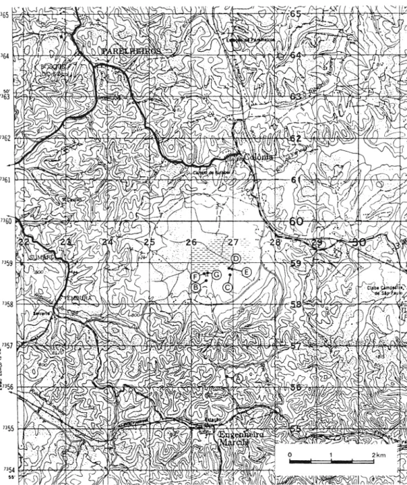 FIGURE 2 - Topographic map of the Colônia Astrobleme (57 to 61 X 24 to 29) with locations (A-G) of sites mentioned in the texto Contour interval20m