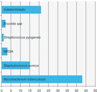 Figura 3 – Número de espondilodiscites por agente etiológico0Mycobacterium tuberculosisStaphylococcus aureusStreptococcus pyogenesBrucella sppIndeterminadoMRSA51015202530354045 50