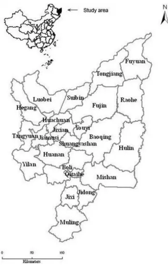 Fig. 1. The study area on the Sanjiang Plain of northeast China, covering 23 counties and 3 administrative farms.