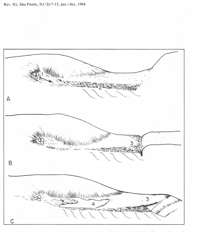 FIGURA I: esquema evolutivo dos anfiteatros de erosão e de sua articulação com os depósitos de terraço