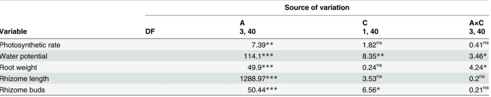 Table 2. Analysis of variance for the effects of alkalinity stress (A) and rhizome connection (C) on the photosynthetic rate, water potential, root weight, rhizome length and rhizome buds of subsequent ramets.