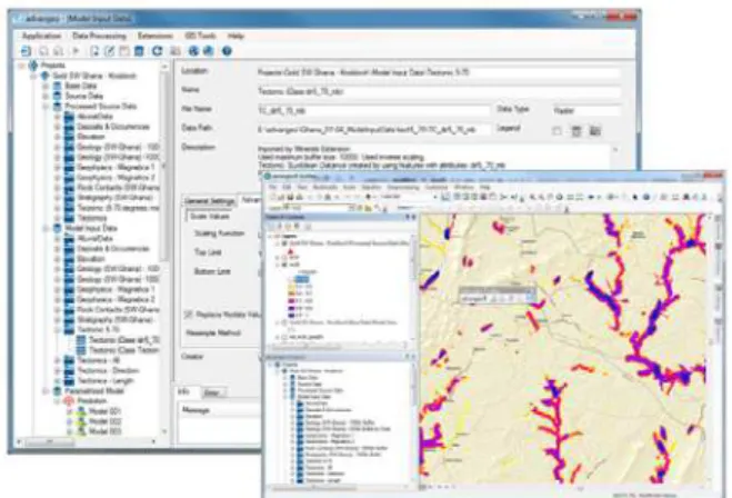 Figure 2. Software advangeo® graphical user interfaces: Data  and Modell Explorer (left) and GIS Extension (right)  The Data- and Model Explorer allow the creation and  administration of projects including the organization and  processing of geo-data and t