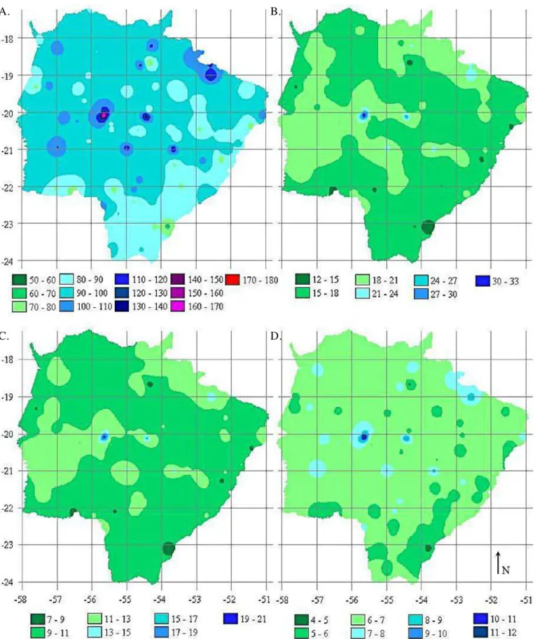 Figura 3.  Distribuição espacial de chuvas no Estado do Mato Grosso do Sul, com período de retorno de 15 anos, em mm h -1 
