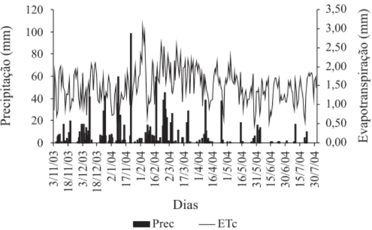 Figura 2. Evapotranspiração do cafeeiro e precipitação registrada durante o período de monitoramento