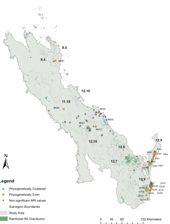 Fig 5. Non-metric multidimensional scaling (NMDS) analysis comparing relationships among the study sites for SEQ subtropical rainforest taxa.
