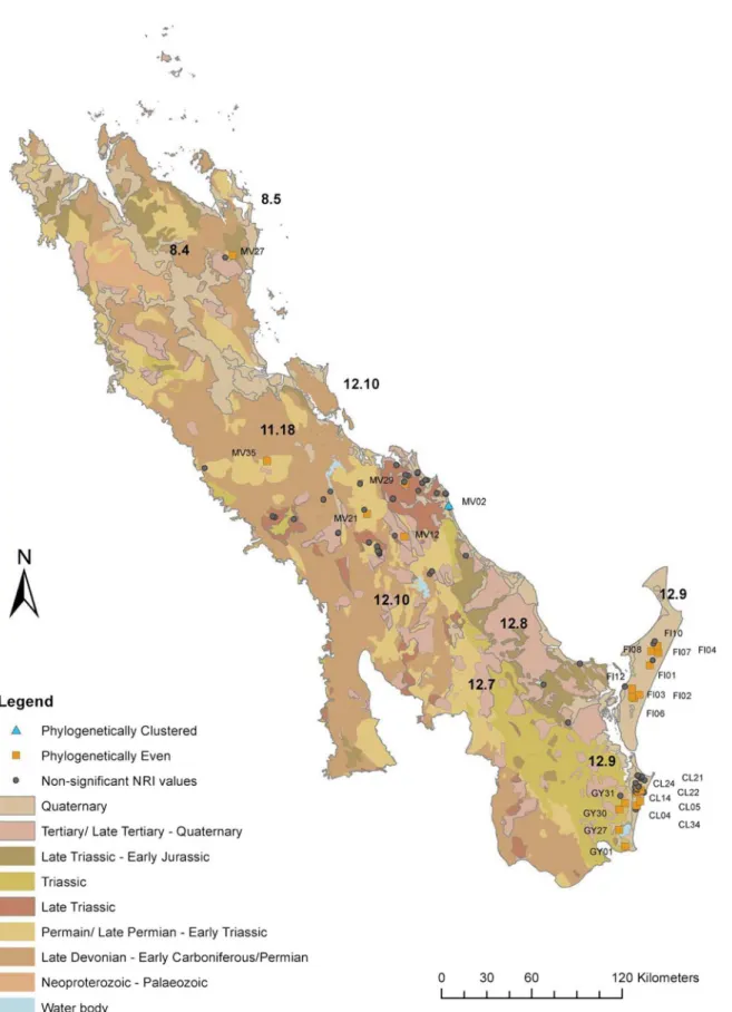 Fig 6. Map of the study area showing which sample sites are significantly even or clustered in relation to the geological age of substrate