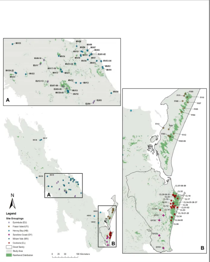 Fig 1. Map indicating the extent of the study area with expanded sections to show the location of the 100 study sites within broad geographic groupings (A) Eurimbula (EU) and Miriam Vale (MV): B) The Great Sandy Region