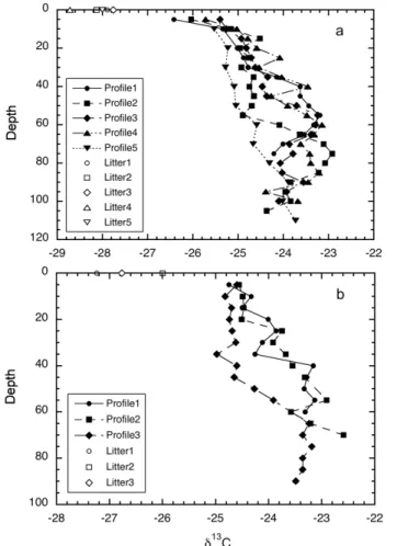 Fig. 4. Variations of δ 13 C values of organic matter with depths at (a) Site 2, and (b) Site 3.