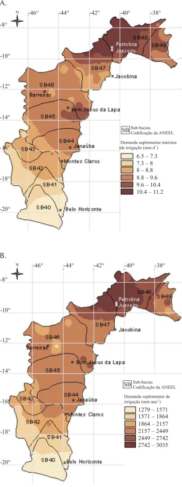 Figura 4. Valores máximo diário (A) e total anual (B) da demanda suplementar de irrigação da cultura da banana, com sistema de irrigação com eficiência de 77,2%, na bacia do Rio São Francisco