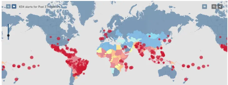 Figura 3 - Mapa de distribuição mundial dos surtos de dengue (fonte: http://www.healthmap.org/dengue/index.php, em 05/03/2014)