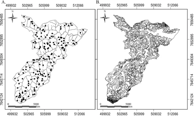 Figura 1.  Representações bidimensionais da localização das amostras de vazão, área de recarga, área de vegetação nativa das nascentes, sobre a rede de drenagem (A) e amostras das curvas de nível (B) utilizadas no estudo das variáveis ambientais da bacia h