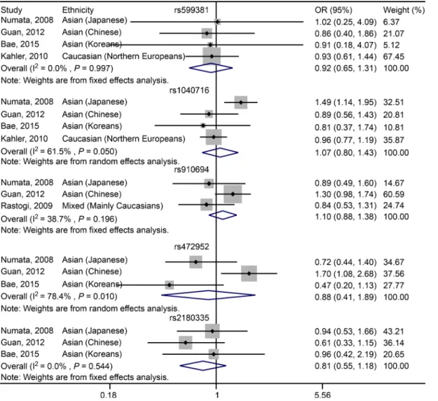 Fig 4. Forest plot showing the association between PDE4B SNPs and schizophrenia under recessive model.